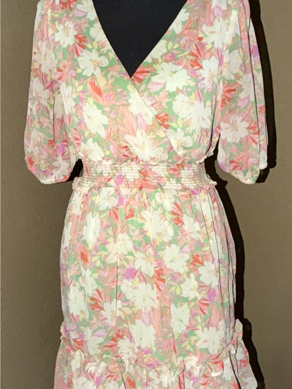 Lush - Floral surplice vneck sheer puff sleeves ruffle mini dress 
Size small